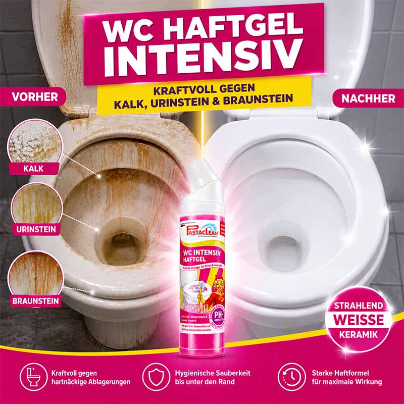 WC Reiniger stark gegen Urinstein und Kalk, 2x 750 ml, Intensiv Haftgel, Farbwechsel-Aktiv-Formel, kraftvoll gegen hartnäckige Ablagerungen, hygienische Sauberkeit, strahlend weiße Keramik, kraftvoll gegen Kalk und Braunstein.
