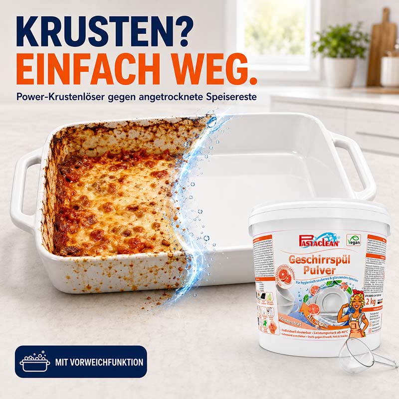Pastaclean Geschirrspül Pulver 2 kg zur Entfernung von Krusten in Spülmaschinen mit Vorweichfunktion, geeignet für angetrocknete Speisereste, biologisch abbaubar und vegan.