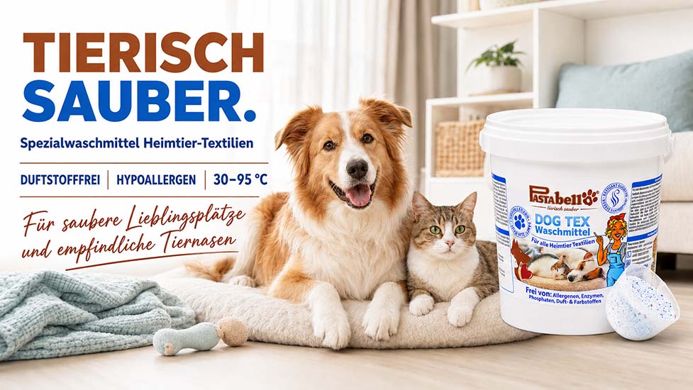 Pastabello Dog Tex Waschmittel für Heimtiertextilien, duftstofffrei, hypoallergen, geeignet für 30–95°C Waschtemperatur, speziell für empfindliche Tiernasen und saubere Lieblingsplätze.