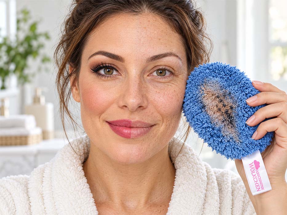 Eine Frau mit einer geschminkten und einer ungeschminkten Gesichtshälfte hält ein taubenblaues Abschminkpad mit Make-up-Spuren neben ihre Wange.