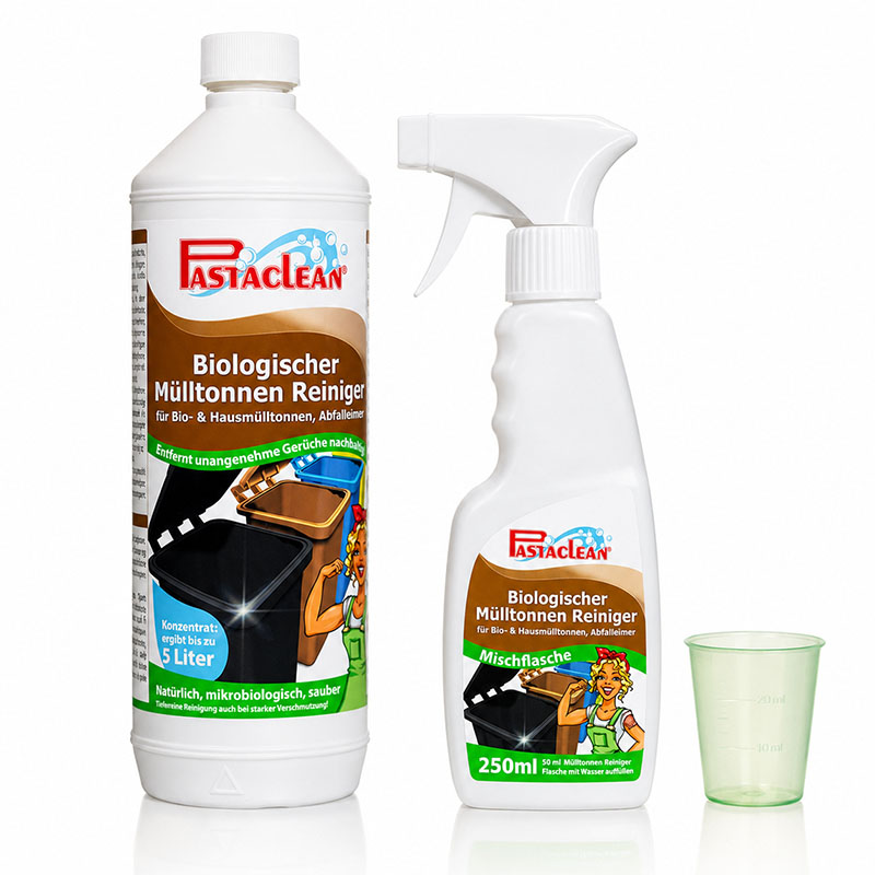 Pastaclean Biologischer Mülltonnen Reiniger für Bio- und Hausmülltonnen, 1 l, entfernt unangenehme Gerüche, mikrobiologisch für saubere Abfalleimer, inklusive Mischflasche, ideal für Haushalt und Gewerbe.