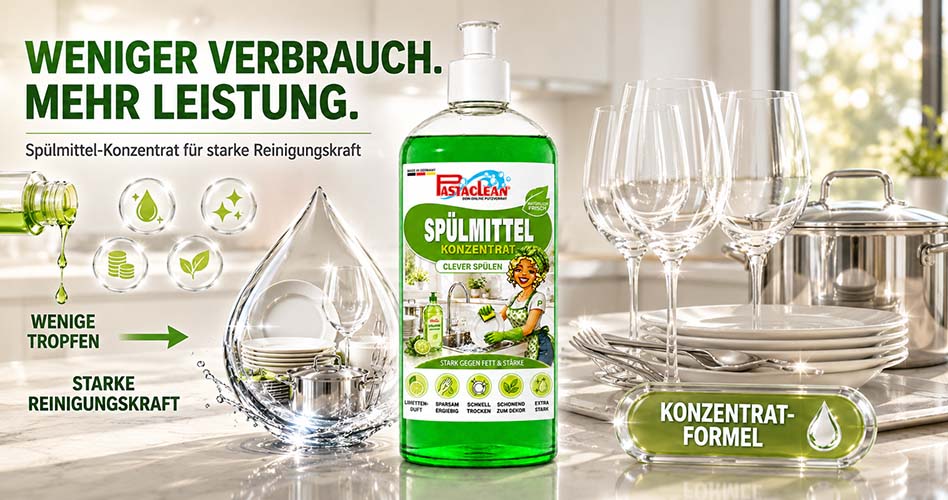 Pastaclean Spülmittel Konzentrat für Geschirrreinigung, starke Fett- und Stärkeentfernung, umweltfreundlich, sparsam im Verbrauch, konzentrierte Formel für effektives Spülen, Gläser, Teller, Töpfe und Besteck in der Küche.