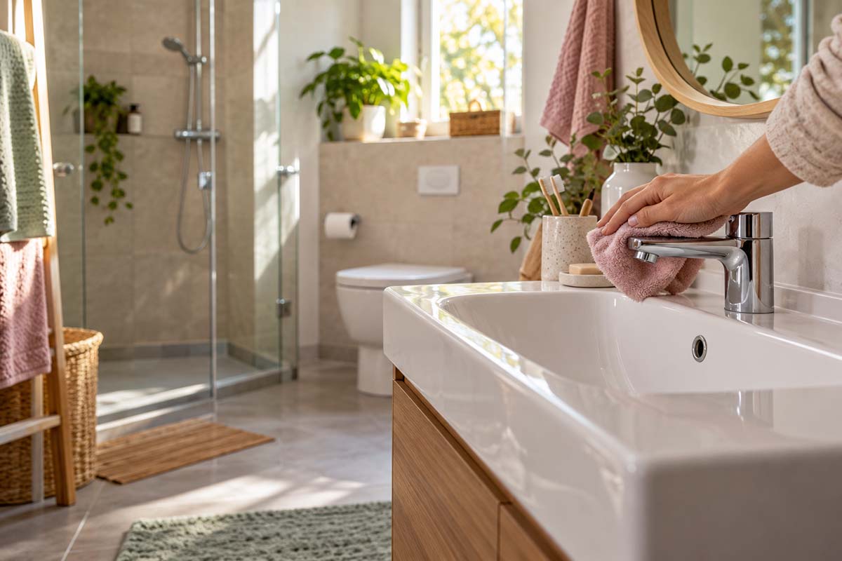 Helles, gepflegtes Badezimmer mit sauberem Waschbecken