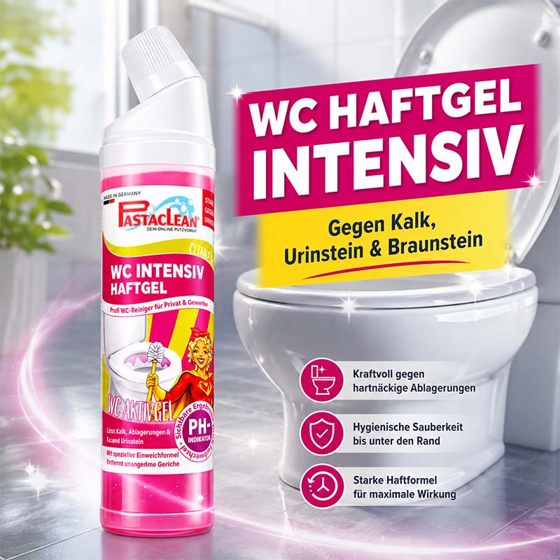 WC Reiniger stark gegen Urinstein Kalk WC Intensiv Haftgel mit Farbwechsel-Aktiv-Formel 2x 750 ml kraftvoll gegen hartnäckige Ablagerungen hygienische Sauberkeit starke Haftformel für maximale Wirkung Pastaclean Produkt Verpackung