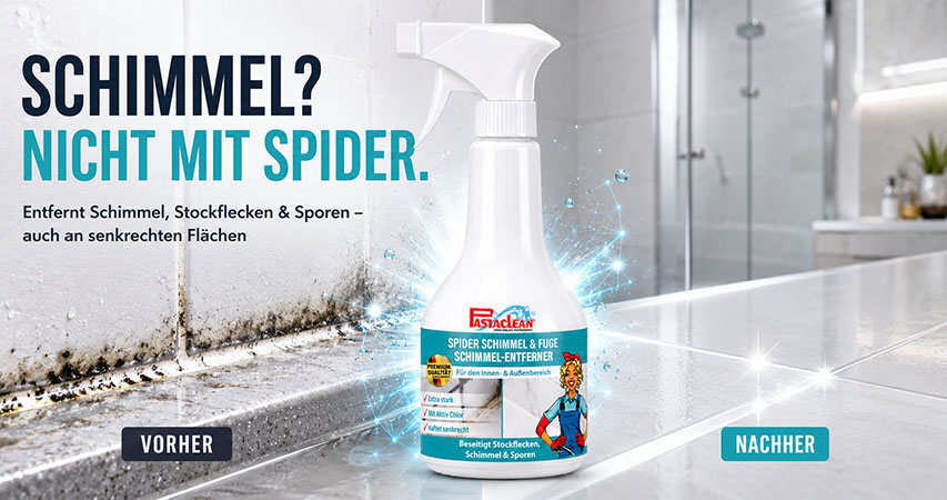 Anti-Schimmel-Spray Spider, entfernt Schimmel, Stockflecken, Sporen, geeignet für Innen- und Außenbereiche, extra stark, chlorfrei. Vorher-Nachher-Vergleich auf Fliesenoberfläche. Ideal für Reinigung und Pflege in Bad und Küche.