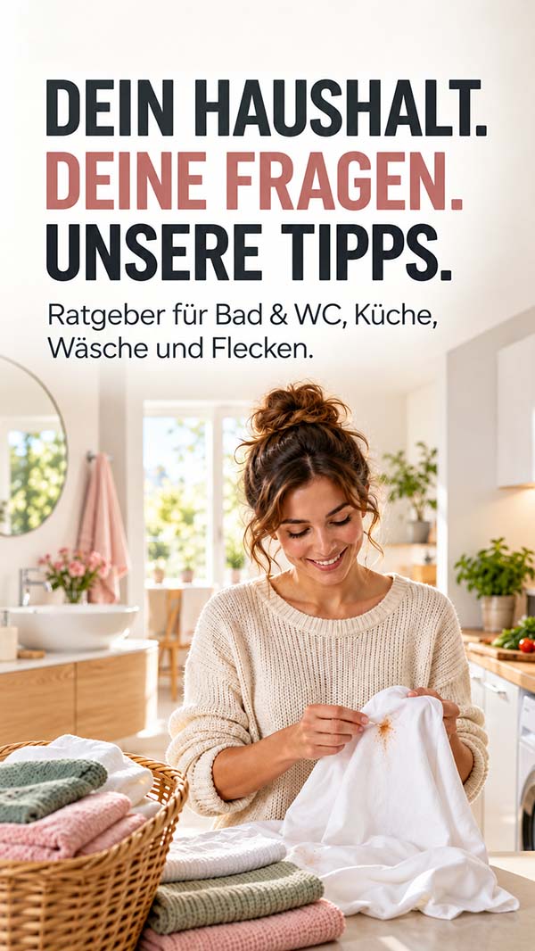 Ratgeber für Haushaltstipps: Bad & WC, Küche, Wäsche und Flecken, zeigt eine Frau beim Fleckenentfernen auf einem Tuch in einem modernen Badezimmer.