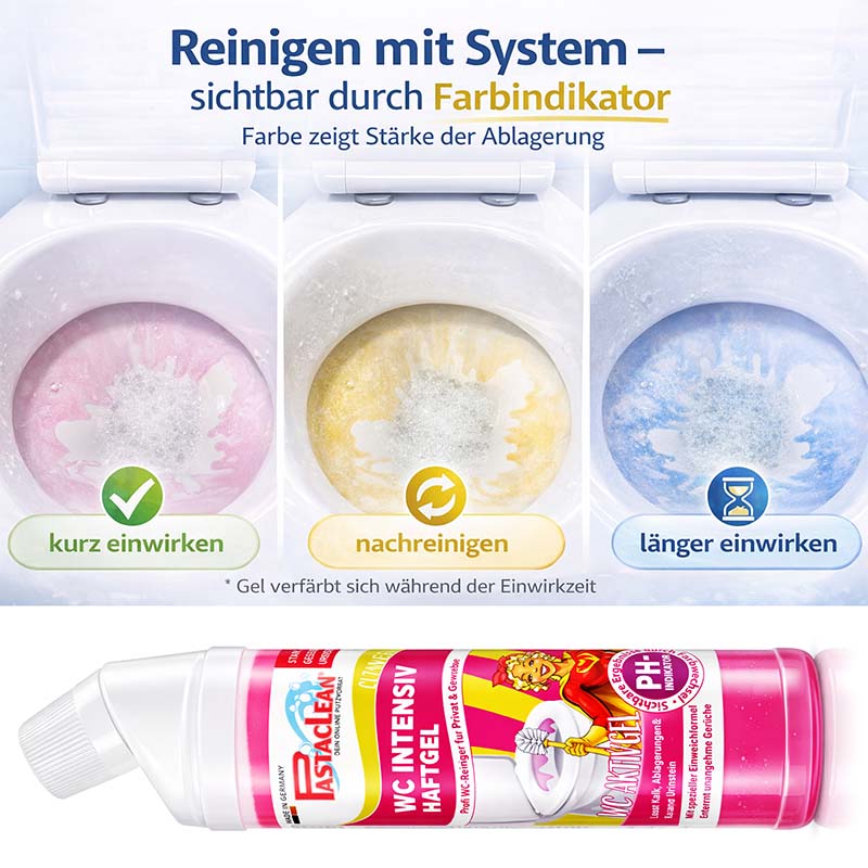 WC Reiniger, effektiv gegen Urinstein und Kalk, 2x 750 ml, Intensivhaftgel mit Farbwechsel-Aktiv-Formel, zeigt Reinigungsstärke durch Farbe, kurze und lange Einwirkzeit für optimale Sauberkeit, Toilettenreinigung, Badreiniger, Reinigungsprodukt.