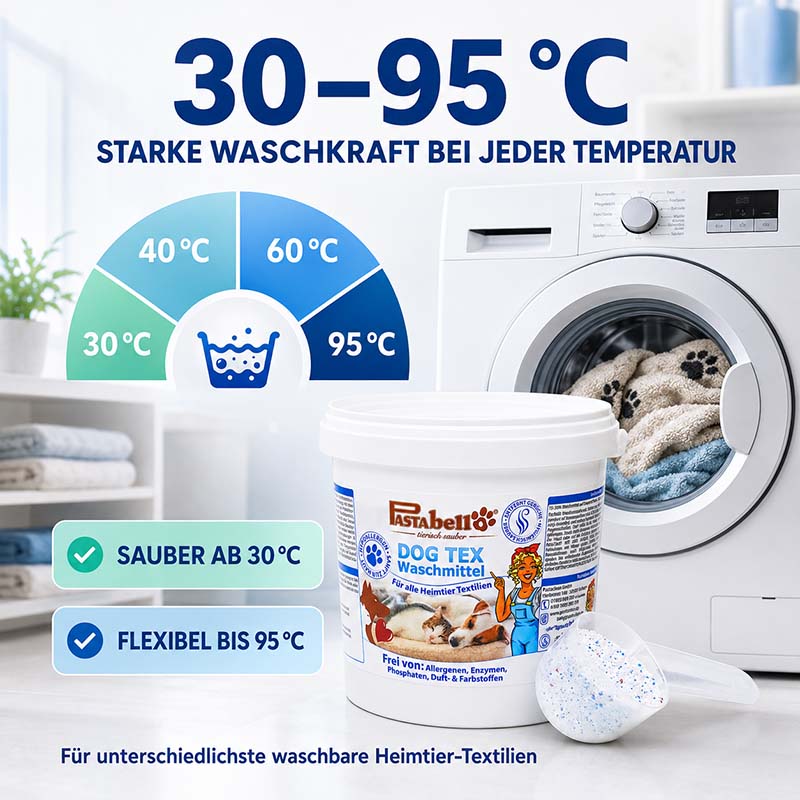 Pastabelle Hundebett Waschmittel hypoallergen 1 kg für Hunde und Katzen, Spezialwaschmittel für waschbare Heimtier-Textilien, geeignet für Temperaturen von 30°C bis 95°C, frei von Allergenen und Enzymen.