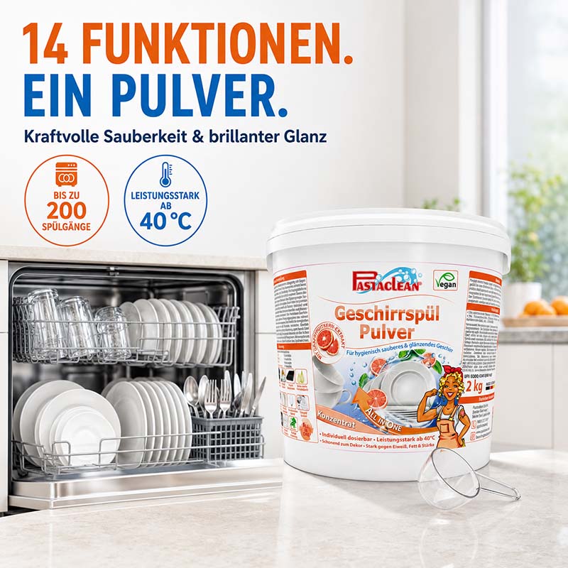 Pastaclean Geschirrspülpulver 2 kg für Spülmaschinen, kraftvolle Sauberkeit und brillanter Glanz, leistungsstark ab 40°C, vegan, individuell dosierbar