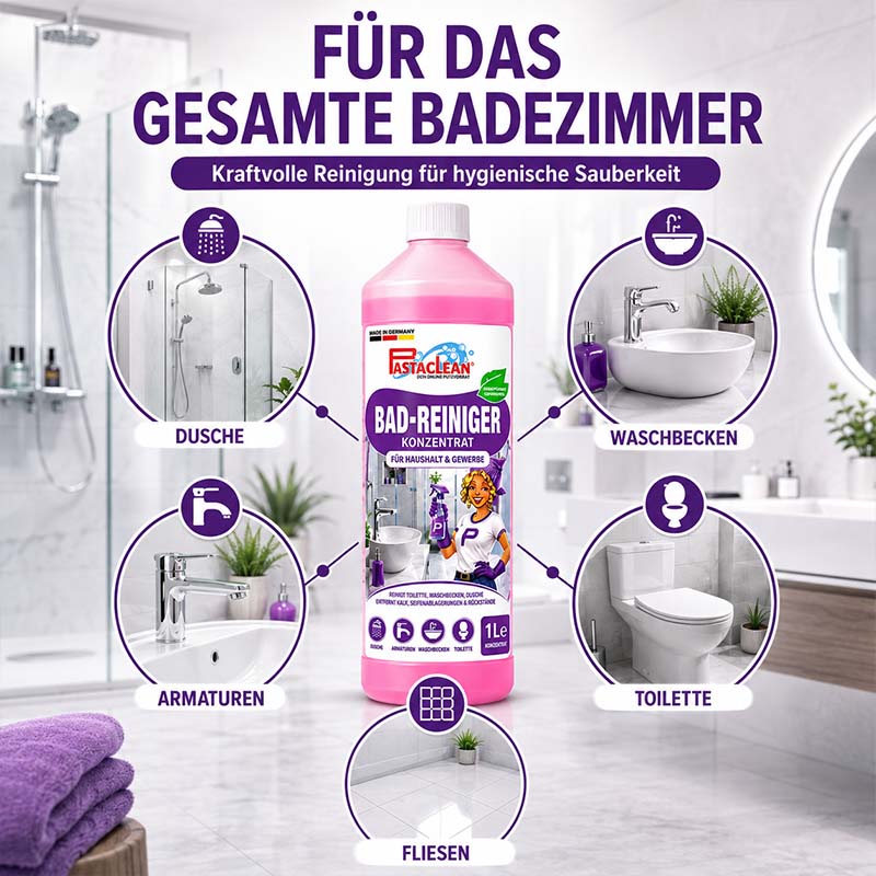 Badreiniger Konzentrat 1 Liter zur Reinigung von Dusche, Waschbecken, Toilette, Armaturen und Fliesen. Kalkreiniger für das gesamte Badezimmer. Für hygienische Sauberkeit in Haushalt und Gewerbe.