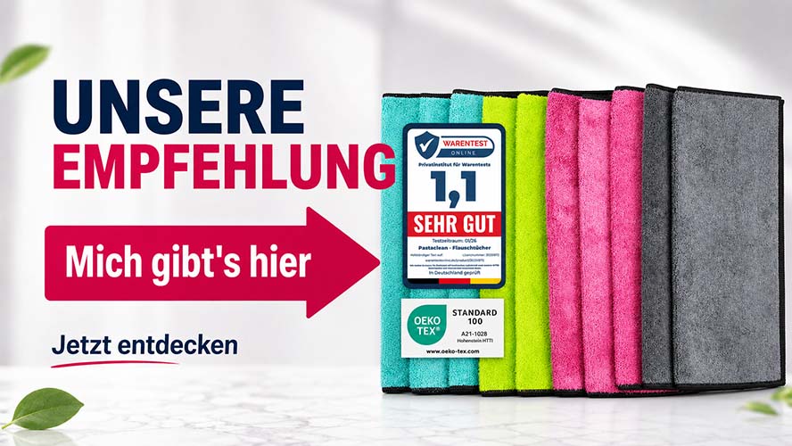 Pastaclean Mikrofaser Reinigungstücher zum effektiven Säubern vielfältiger Oberflächen, getestet mit hervorragendem Ergebnis, geeignet für Haushalt und Auto, farbenfrohes Set mit hoher Saugkraft, OEKO-TEX zertifiziert.