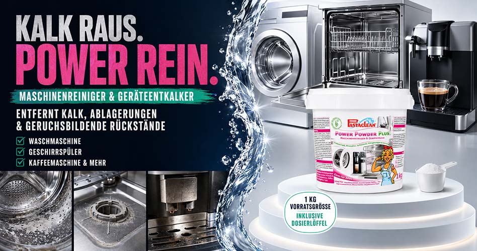 Pastaclean Power Powder Plus Maschinenreiniger und Entkalker, entfernt Kalk und Ablagerungen, geeignet für Waschmaschinen, Geschirrspüler und Kaffeemaschinen.