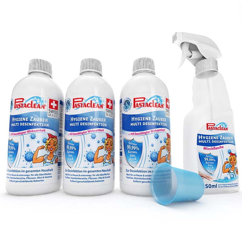 Pastaclean Hygiene Zauber Flächendesinfektion Set mit drei 500-ml-Konzentratflaschen, Sprüh-Mischflasche und Dosierbecher – wirksame Multi-Desinfektion gegen Bakterien, Viren, Pilze und Sporen