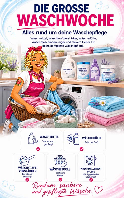 Pastaclean Waschmittel und Waschzubehör Sortiment für saubere, gepflegte Wäsche bestehend aus Waschmittel, Waschkraftverstärker, Wäscheduft und Waschmaschinenreiniger für effektive Wäschepflege.