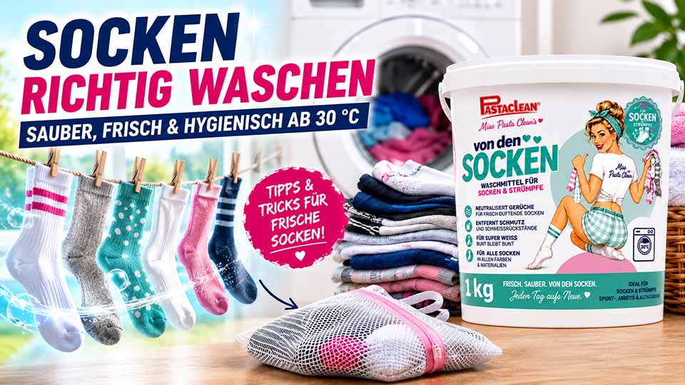 Pastaclean Socken Waschmittel 1kg für Socken und Strümpfe, neutralisiert Gerüche, erhält leuchtende Farben, schützt Fasern, ideal für Sport-, Arbeits- und Alltagssocken, Anwendung ab 30°C, geeignet für alle Materialien.