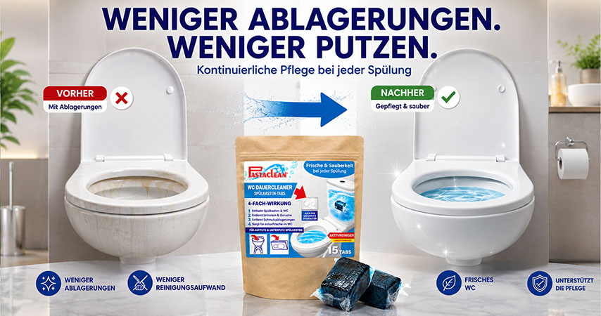 WC-Dauerreiniger Tabs für weniger Ablagerungen, weniger Reinigungsaufwand, frisches WC, kontinuierliche Pflege bei jeder Spülung. Produktverpackung in der Mitte, Vergleich Vorher mit Ablagerungen und Nachher gepflegt und sauber.