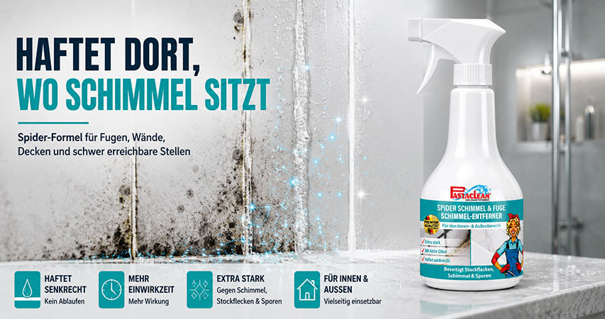 Reiniger gegen Schimmel für Fugen, Wände und Decken; Text auf Flasche: "Fastclean Spider Schimmel & Fugen Schimmel-Entferner"; Eigenschaften: haftet senkrecht, mehr Einwirkzeit, extra stark gegen Schimmel; geeignet für innen und außen.