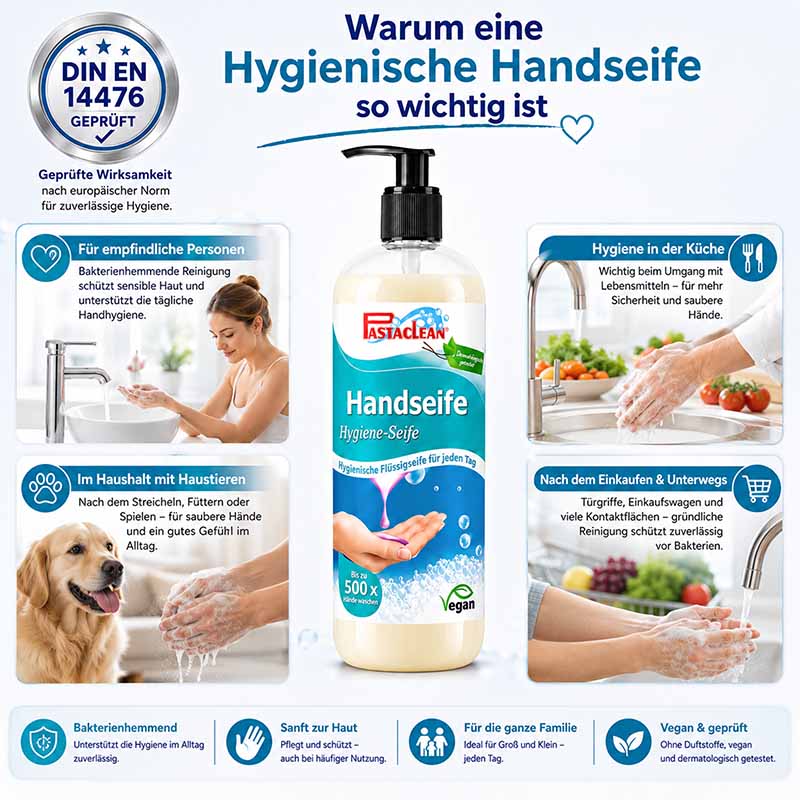 Handseife Hygiene-Seife 1000 ml, antibakteriell, für 500x Hände waschen, geeignet für empfindliche Haut, vegan, dermatologisch getestet, Anwendung in Küche, nach Einkaufen, mit Haustieren, DIN EN 14476 zertifiziert, sanft zur Haut, für die Familie.