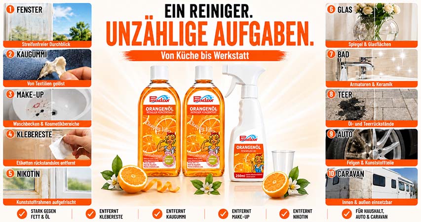 Pastaclean Orangenöl Reiniger 2er Set mit Mischflasche für Fenster, Glas, Bad, Auto, Caravan, Klebereste, Fett, Kaugummi und Nikotin