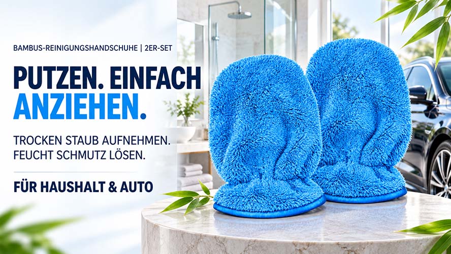 Bambus-Reinigungshandschuhe 2er-Set für Haushalt und Auto, effektiv bei Staubaufnahme und Schmutzlösen, ideal für trockene und feuchte Reinigung.