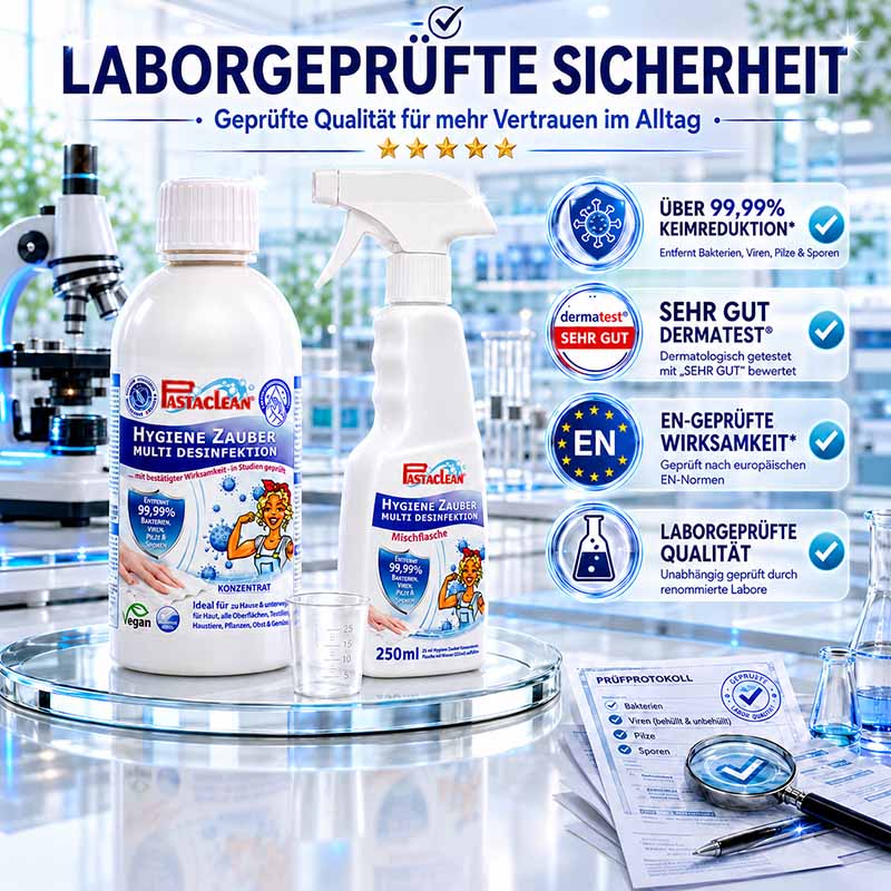 Pastaclean Flächendesinfektion Konzentrat für Oberflächen, beseitigt Bakterien, Viren, Pilze und Sporen, ideal für Haushalte und Arbeitsumgebungen.