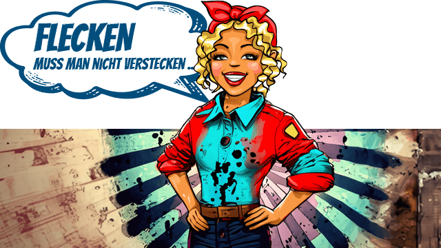 Miss Pastaclean mit Flecken auf Kleidung