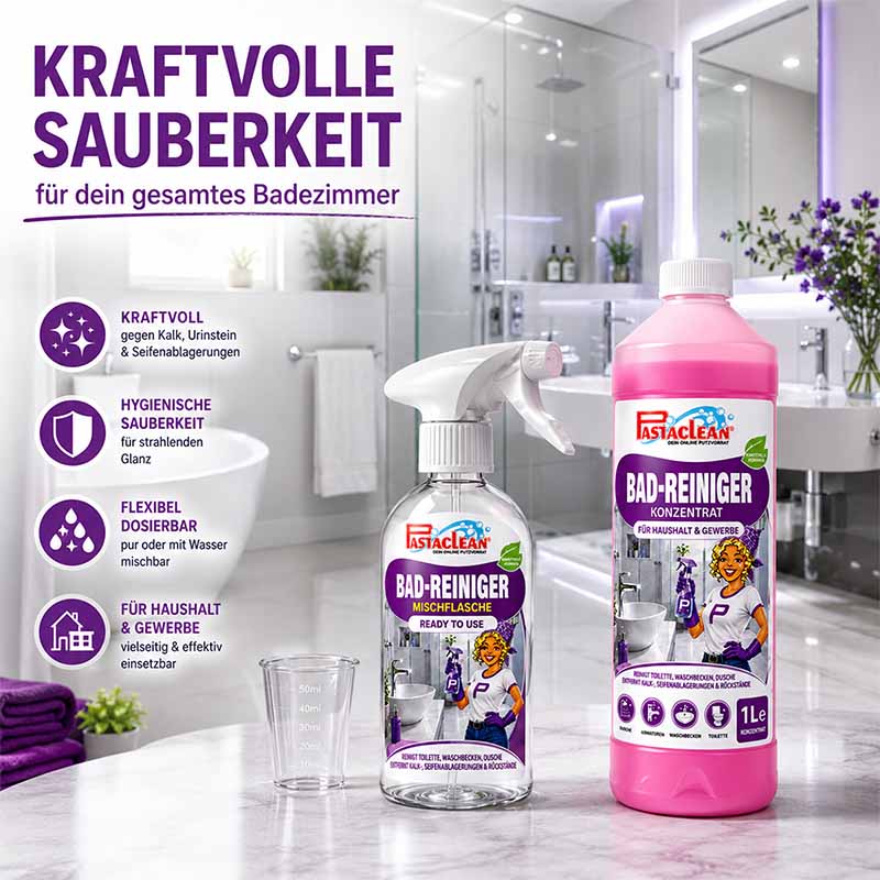 Badreiniger Konzentrat 1 Liter, Kalkreiniger für Dusche, Waschbecken, Toilette, leistungsstark gegen Kalk, Urinstein, Seifenablagerungen, hygienische Sauberkeit, flexibler Anwendung, Haushalt und Gewerbe, Pastaclean, Putzmittel Badezimmer