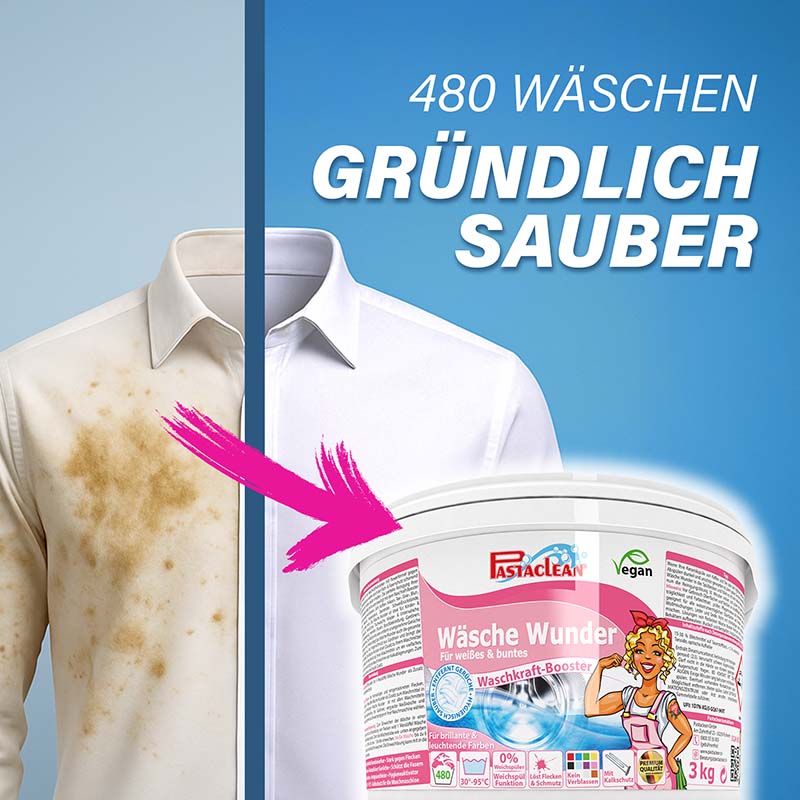 Pastaclean Wäsche Wunder Waschkraft-Booster 3 kg Vorratspack – entfernt hartnäckige Flecken und Grauschleier, sorgt für gründlich saubere Wäsche in bis zu 480 Waschgängen, vegan und farbschonend