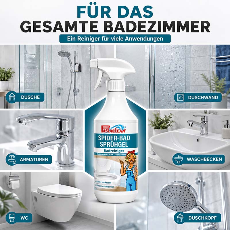 Spider Bad Sprühgel - Badreiniger 1 l, geeignet für Dusche, Duschwand, Armaturen, Waschbecken, WC, Duschkopf. Reiniger für das gesamte Badezimmer, wirksam gegen Kalkablagerungen.