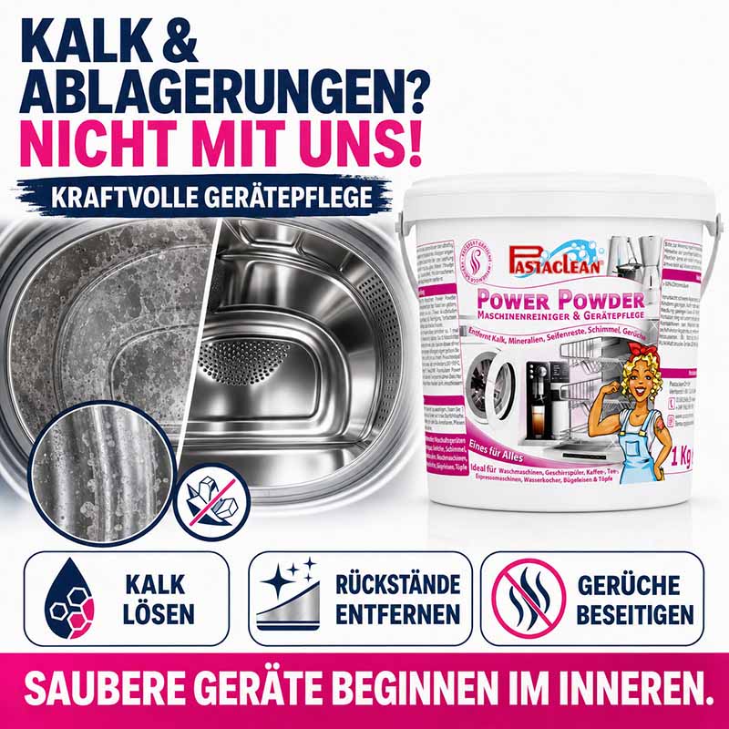Pastaclean Power Powder Maschinentreiniger, entfernt Kalk, Mineralien, Seifenreste, Schimmel und Gerüche, 1 kg Eimer, ideal für Waschmaschinen und Küchengeräte Pflege.