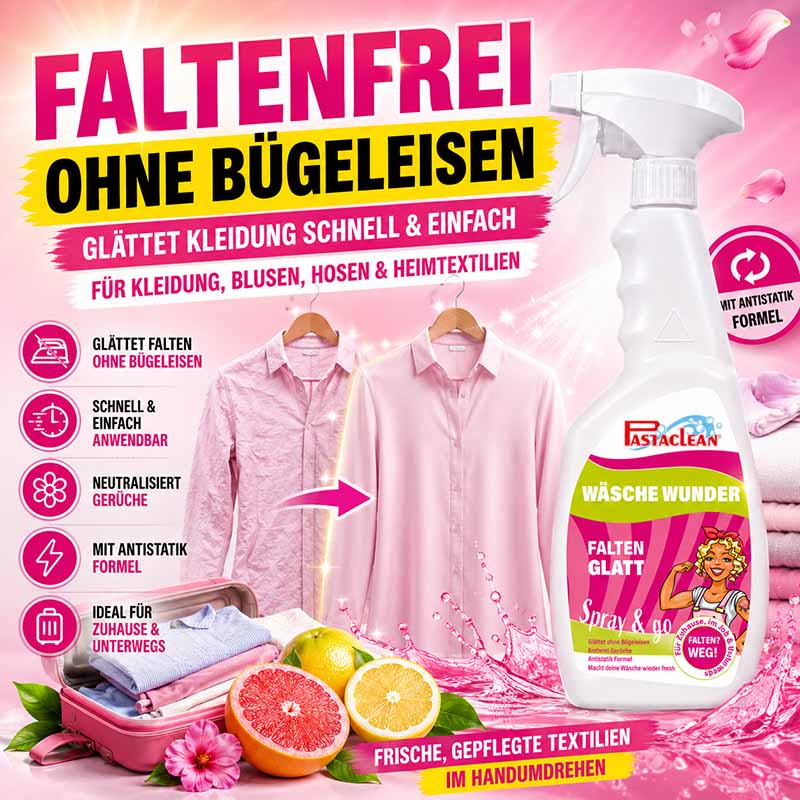 Pastaclean Wäsche Wunder Faltenglatt Spray, Anti-Falten-Spray für Kleidung und Heimtextilien, 750 ml, glättet Falten ohne Bügeleisen, neutralisiert Gerüche, antistatische Formel, ideal für Zuhause und unterwegs.