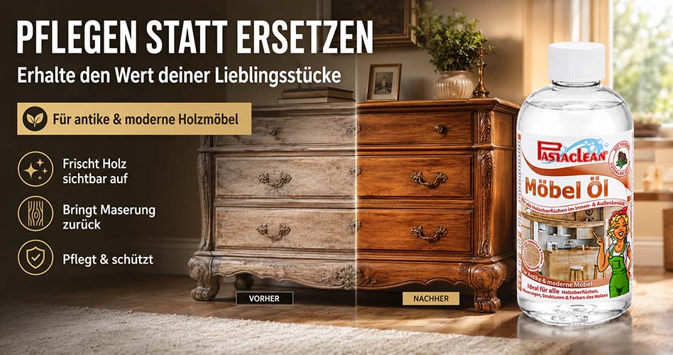 Pastaclean Möbel-Öl Pflegemittel für antike und moderne Holzmöbel, frischt Holz sichtbar auf, bringt Maserung zurück, pflegt und schützt Holzmöbelflächen im Innen- und Außenbereich.