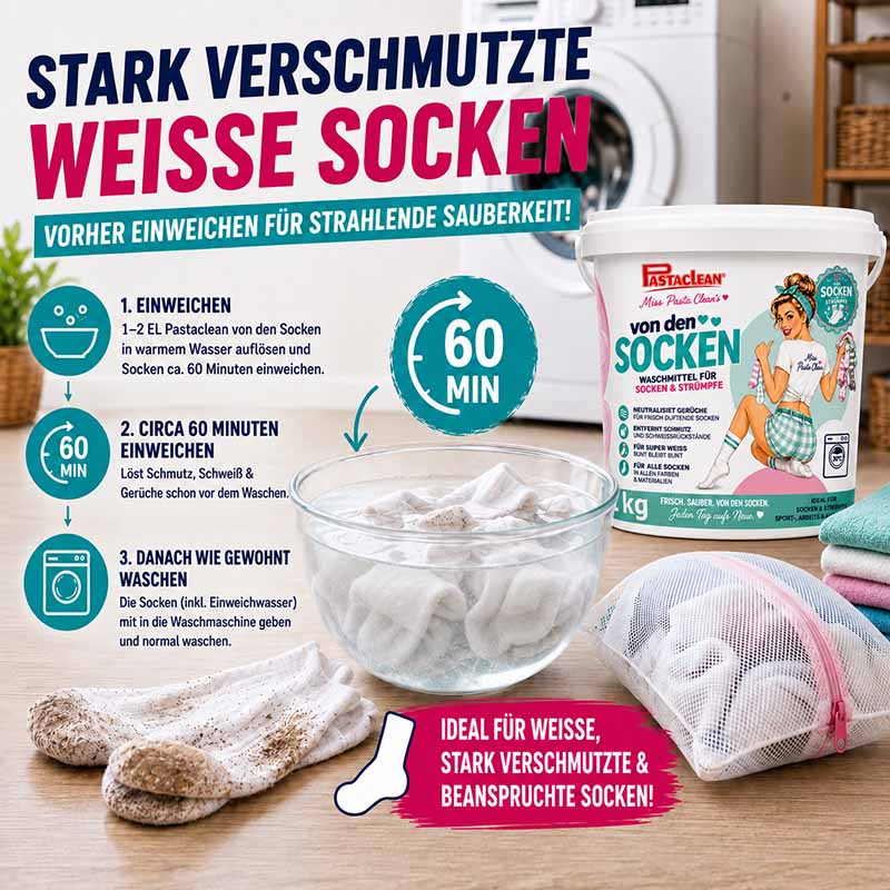 Pastaclean Waschmittel für Socken & Strümpfe, 1 kg, Spezialwaschmittel gegen Schweißgeruch, ideal für stark verschmutzte und weiße Socken, beugt Geruchsbildung vor und reinigt gründlich.