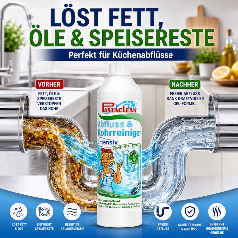 Pastaclean Intensiv Rohrreiniger, 2x 750ml, zur Entfernung von Fett, Ölen und Speiseresten in Küchenabflüssen, kraftvolle Gel-Formel für freien Abfluss und Schutz vor Ablagerungen.