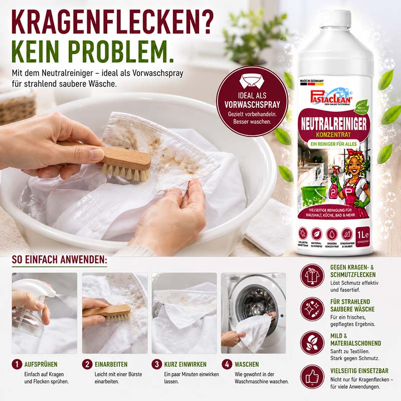 Pastaclean Neutralreiniger Konzentrat 1 L für vielseitige Reinigung in Küche, Bad, Böden und Fenster, ideal als Vorwaschspray zur effektiven Entfernung von Kragen- und Schmutzflecken auf Textilien.