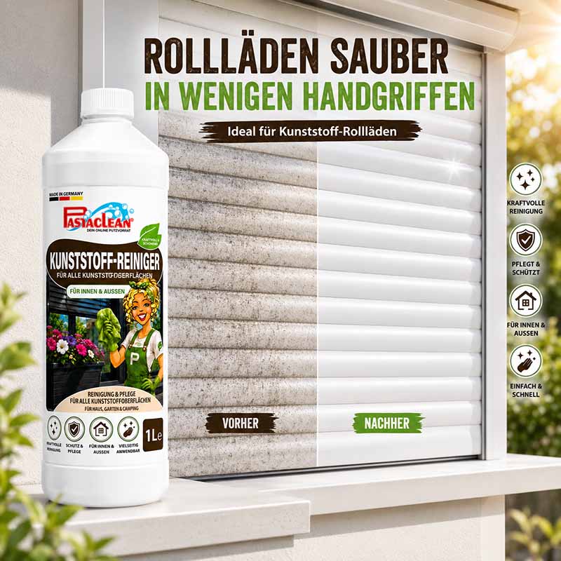 Pastaclean Kunststoffreiniger für Fensterrahmen, Gartenmöbel, Rollläden, Wohnwagen, 1 Liter, für kraftvolle Reinigung, Pflege und Schutz, innen und außen, ideal für Kunststoffoberflächen.
