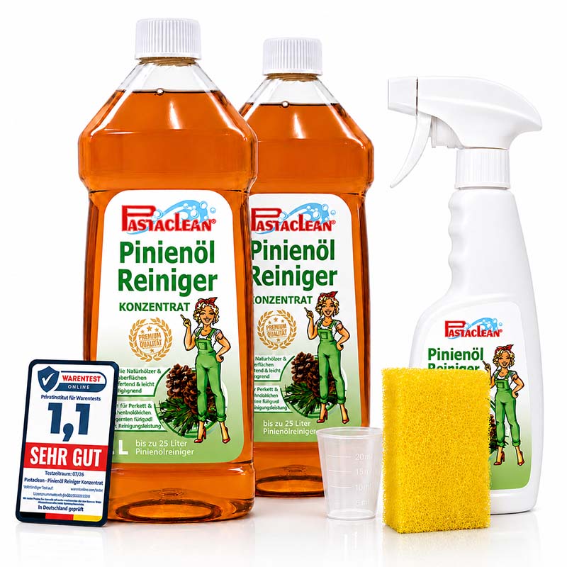 Pastaclean Pinienöl Reiniger Konzentrat 2x 1L für kraftvolle Reinigung und Pflege von Oberflächen im Haushalt, auch für intensive Fleckenentfernung und natürliche Frische durch Pinienöl.