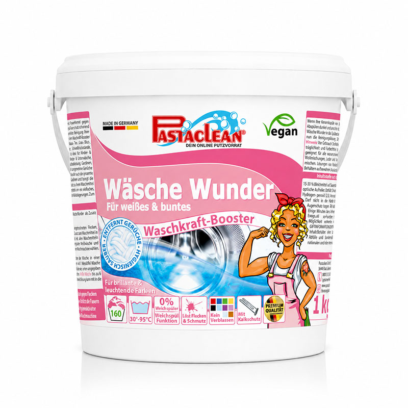 Pastaclean Wäsche Wunder Waschpulver Zusatz 160 WL 1 kg für Weißes und Buntes mit Waschkraft-Booster, vegan, entfernt Gerüche und Flecken, wirkt bei 30-95°C, für leuchtende Farben und Kalkschutz, ohne Weichspüler, Premium Qualität