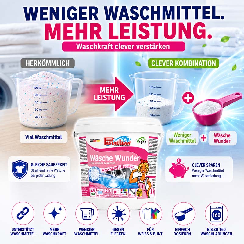 Pastaclean Wäsche Wunder Waschpulver Zusatz, 1 kg, für Weiß- und Buntwäsche, erhöht Waschkraft, vegan, bis zu 160 Waschgänge, effizient bei geringem Waschmittelverbrauch, geeignet für Fleckenentfernung und sanft zur Kleidung.