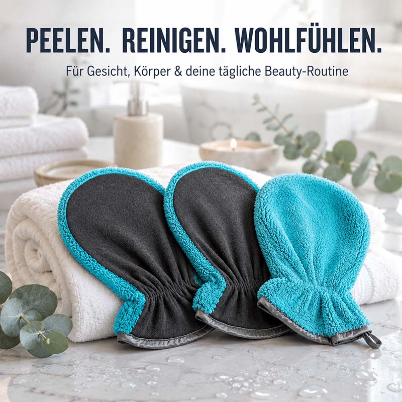 Peelinghandschuh und Waschhandschuh Set in Türkis für Gesichts- und Körperreinigung, geeignet für Dusche und Make-up Entfernung, sorgt für sanftes Peeling und Wohlfühlen in der täglichen Beauty-Routine.