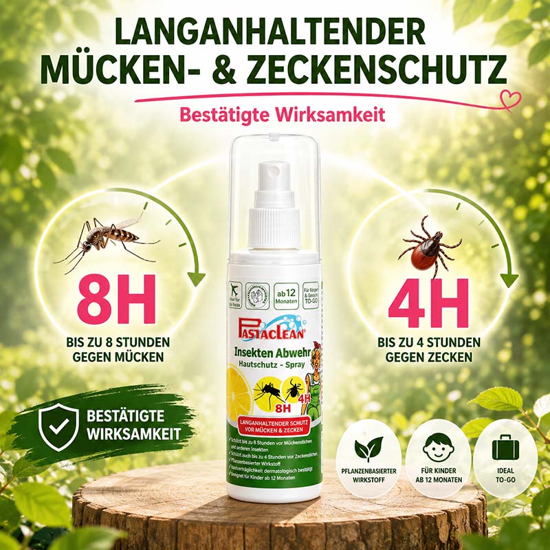Pastaclean Insektenschutz Hautschutz Spray 100 ml, langanhaltender Mücken- und Zeckenschutz, pflanzenbasierte Formel, ideal für Kinder ab 12 Monaten, Schutz bis 8 Stunden gegen Mücken und bis 4 Stunden gegen Zecken.