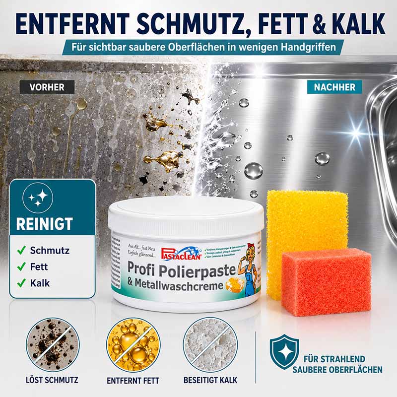 Profi Polierpaste 500g, Reinigungspaste für Metalloberflächen, entfernt Schmutz, Fett und Kalk, für strahlend saubere Ergebnisse. Vorher-Nachher-Vergleich mit Schwämmen, effiziente Schmutzentfernung.