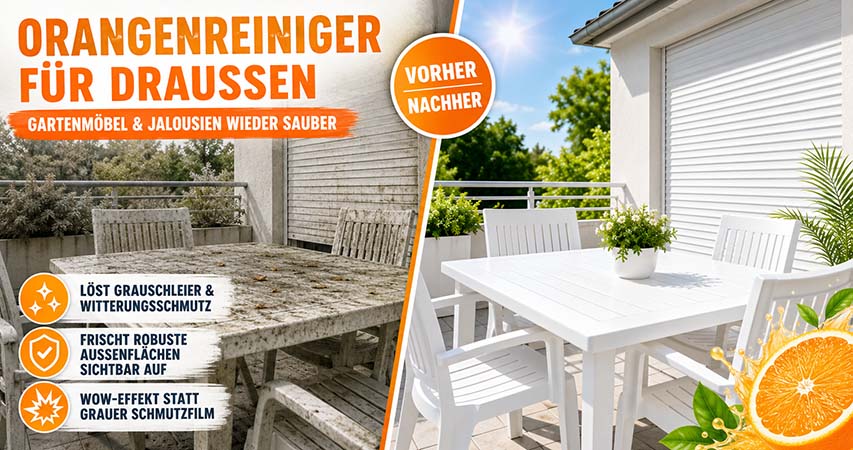 Orangenreiniger für Gartenmöbel, Jalousien und robuste Außenflächen im Vorher-Nachher-Vergleich