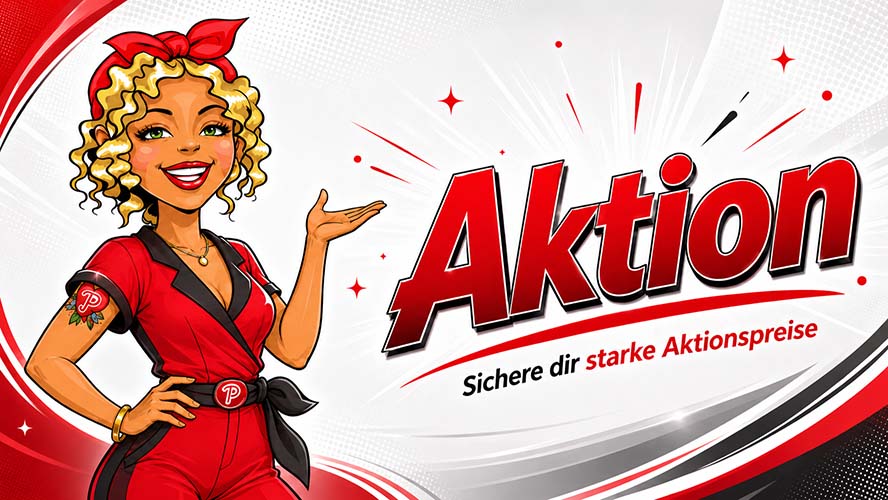 Promotionsgrafik mit Schriftzug "Aktion" und stilisierter Figur in rotem Outfit, kein spezifisches Produkt oder Marke erkennbar.