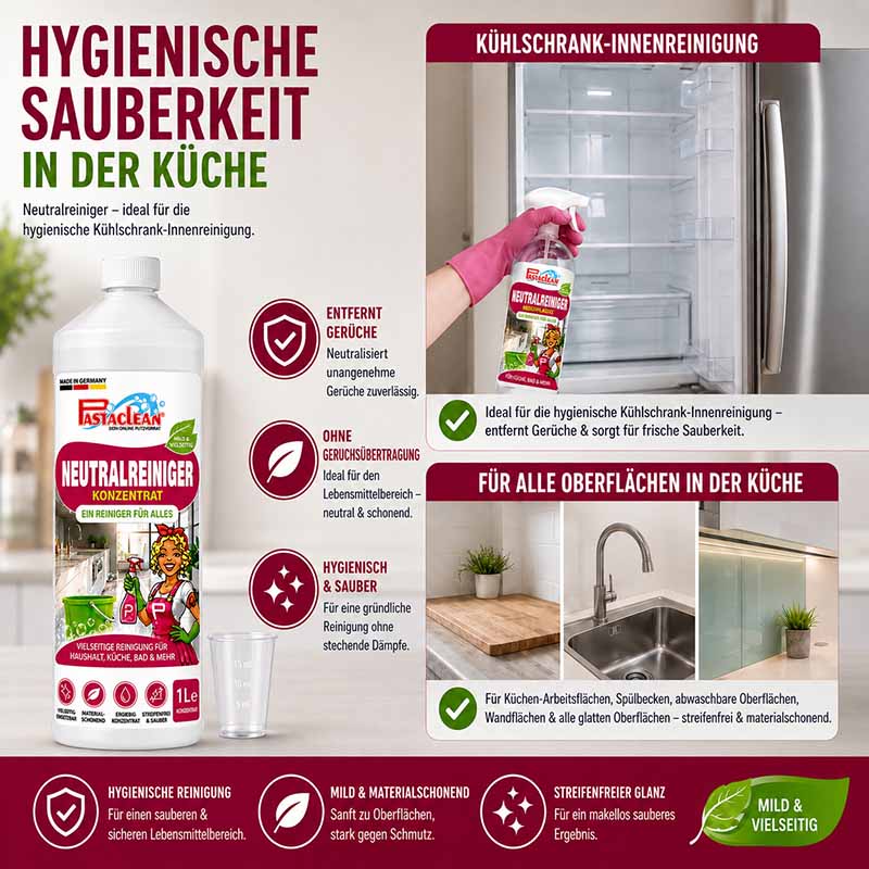 Pastaclean Neutralreiniger Konzentrat 1 L, Allzweckreiniger für hygienische Reinigung in Küche, Bad, Böden und Fenster, neutralisiert Gerüche, materialschonend, für alle Oberflächen und Lebensmittelbereiche geeignet.