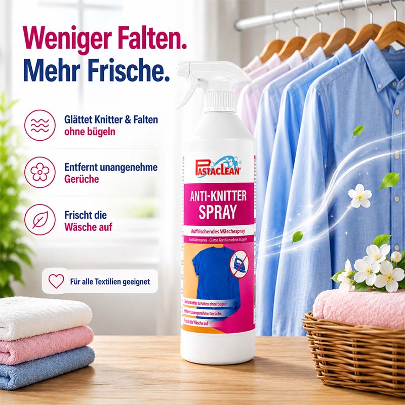 Anti-Knitterspray 500 ml, entfernt Falten und Knitter auf Textilien, Antifaltenspray, Bügelhilfe, glättet Stoffe ohne bügeln, frischt Wäsche auf, neutralisiert Gerüche, geeignet für alle Textilien, Putzmittel, Reinigungsprodukt