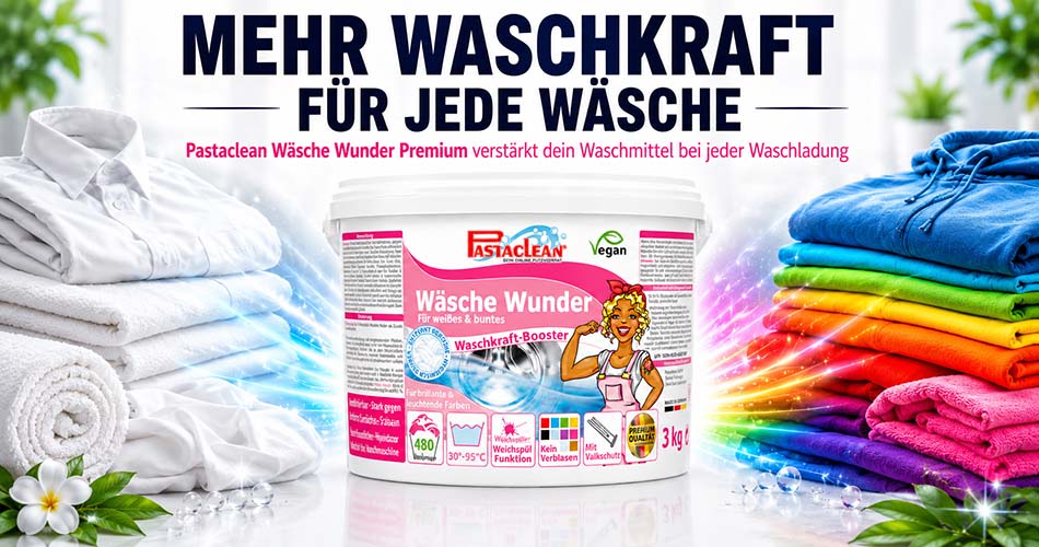 Waschmittel Pastaclean Wäsche Wunder Premium, Verpackung, 3 kg, Waschmittel für Weißes und Buntes, mit Waschkraft-Booster, reduziert Kalk, geeignet für 30-95°C, vegan, mit Weichspülfunktion, Schutz vor Verblassen und Vergrauen, hochwertiges Reinigungsmitt