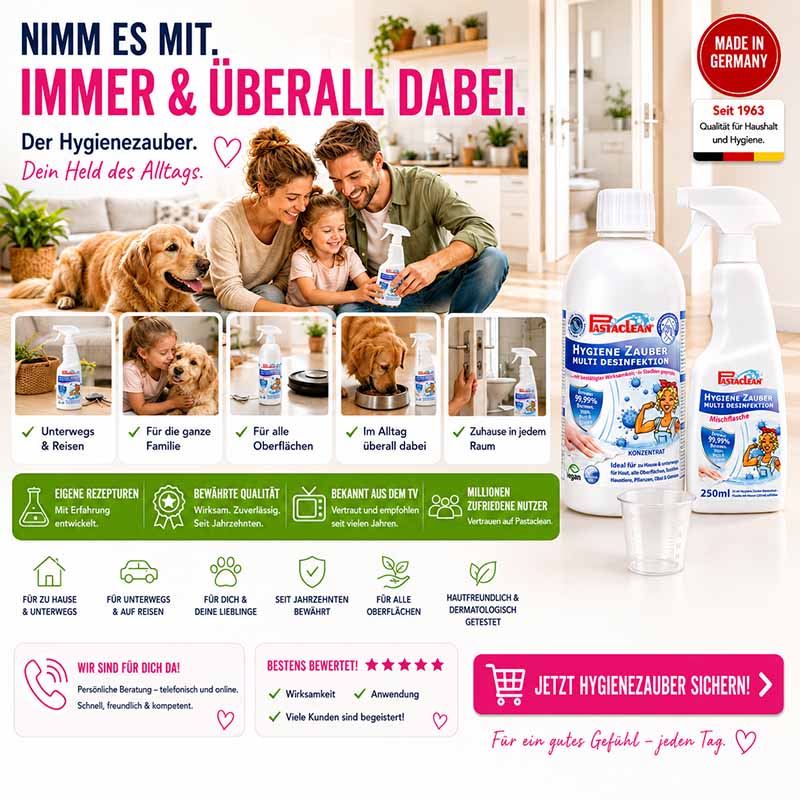 Pastaclean Hygiene Zauber Flächendesinfektion Konzentrat 3x 500 ml, Desinfektionsmittel für Oberflächen, wirksam gegen Bakterien und Viren, geeignet für Zuhause und unterwegs, einfach anzuwenden, Made in Germany.