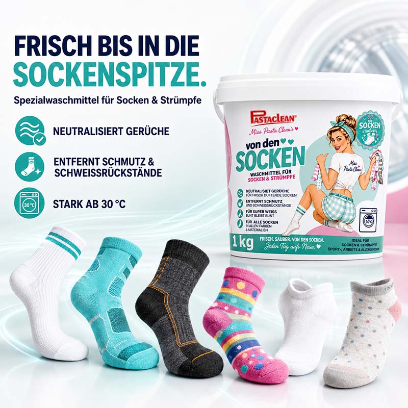 Pastaclean Spezialwaschmittel für Socken und Strümpfe, neutralisiert Gerüche, entfernt Schmutz und Schweiß, geeignet ab 30°C für Sport, Arbeits- und Alltagskleidung, 1 kg