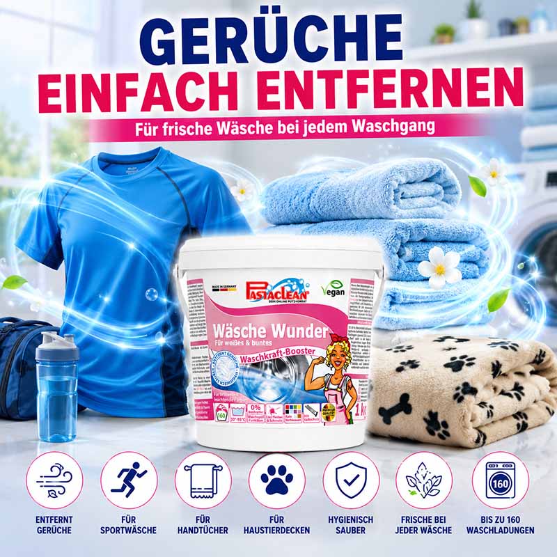 Pastaclean Wäsche Wunder Waschpulver Zusatz, 1 kg für weißes und buntes, entfernt Gerüche, geeignet für Sportwäsche, Handtücher und Haustierdecken, bis zu 160 Waschladungen, vegan, hygienisch sauber